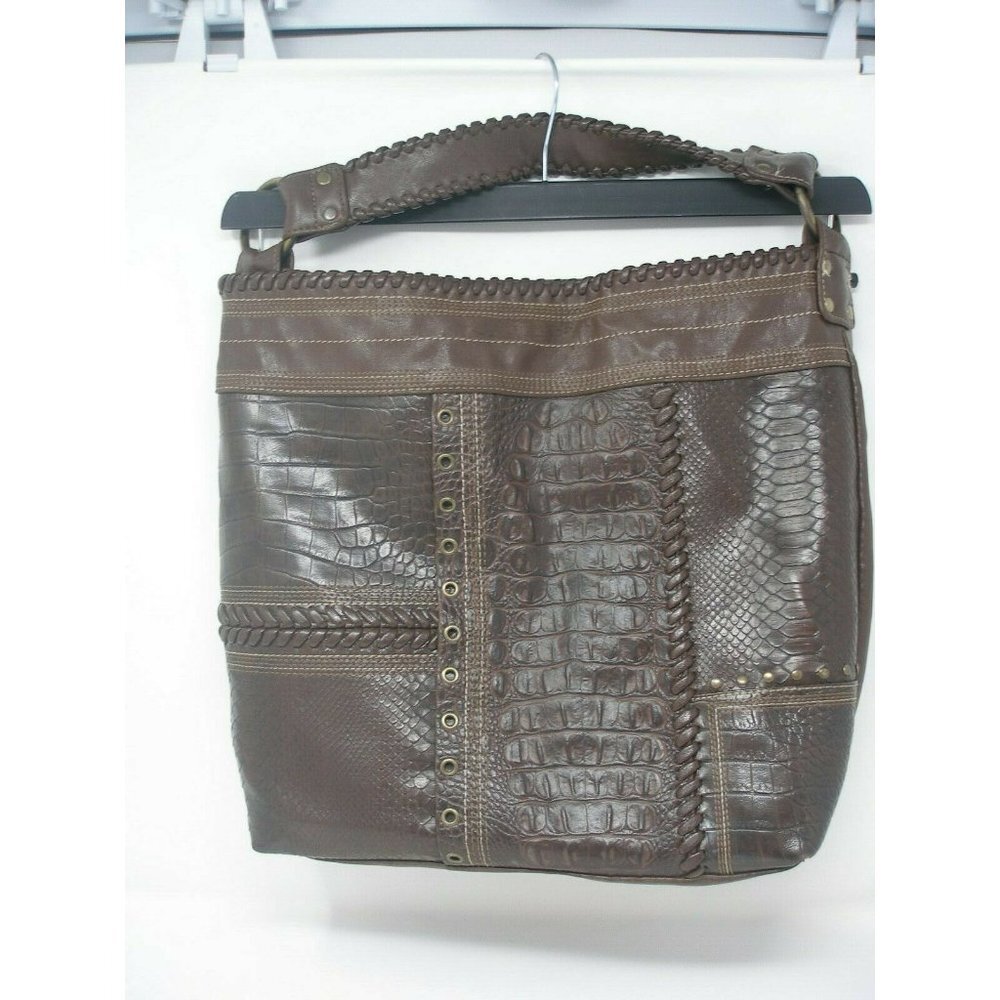 MULTI Textured Large Brown Faux Leather Tote w/Stitching & Grommets!